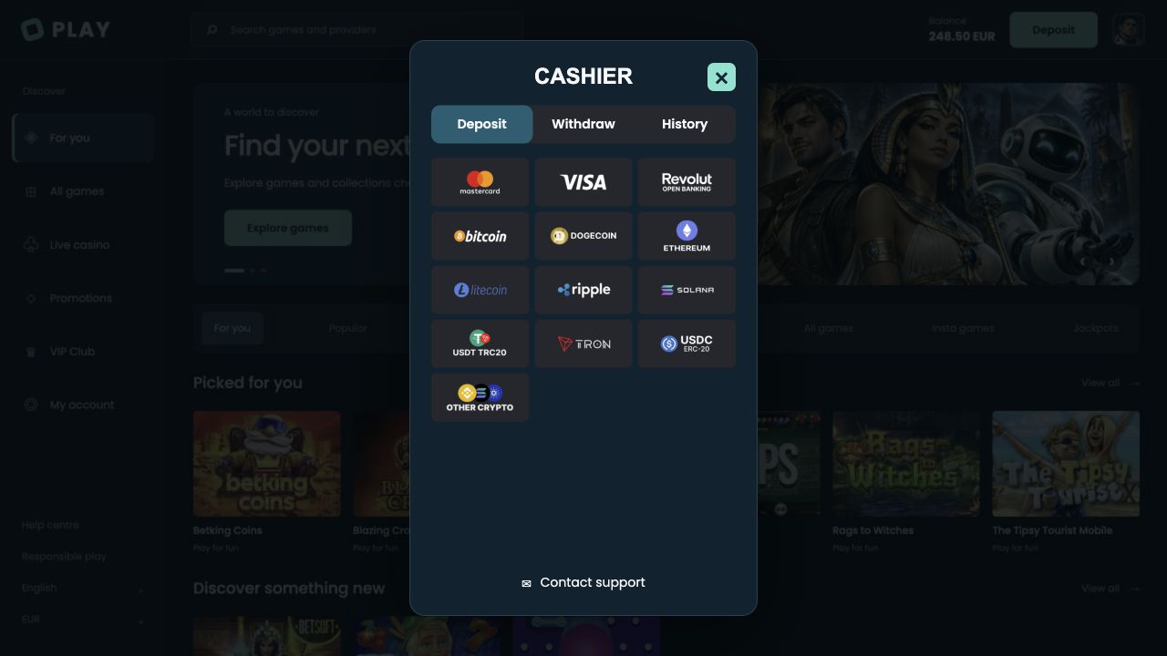 Player-facing preview: player’s payment options
