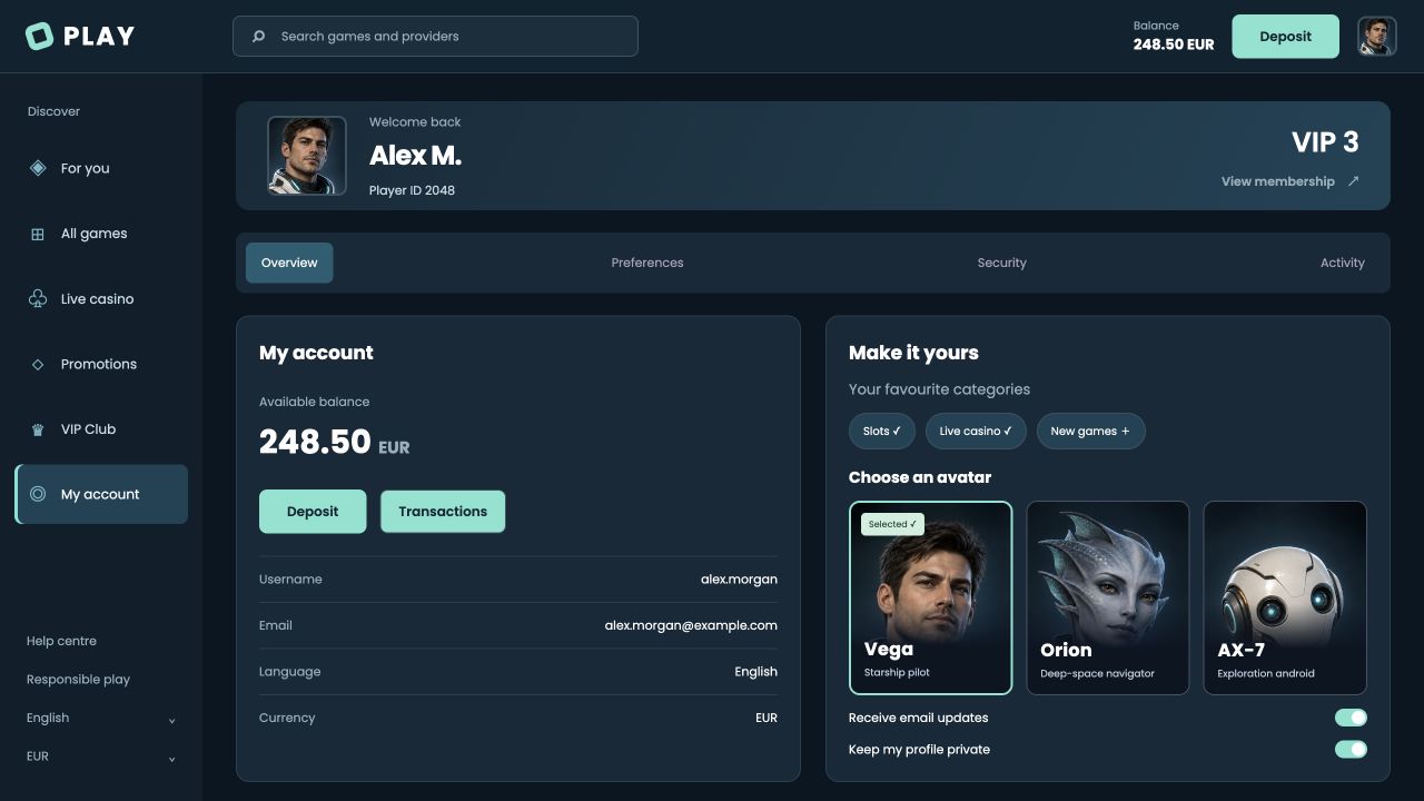 Player-facing preview: player’s personal account