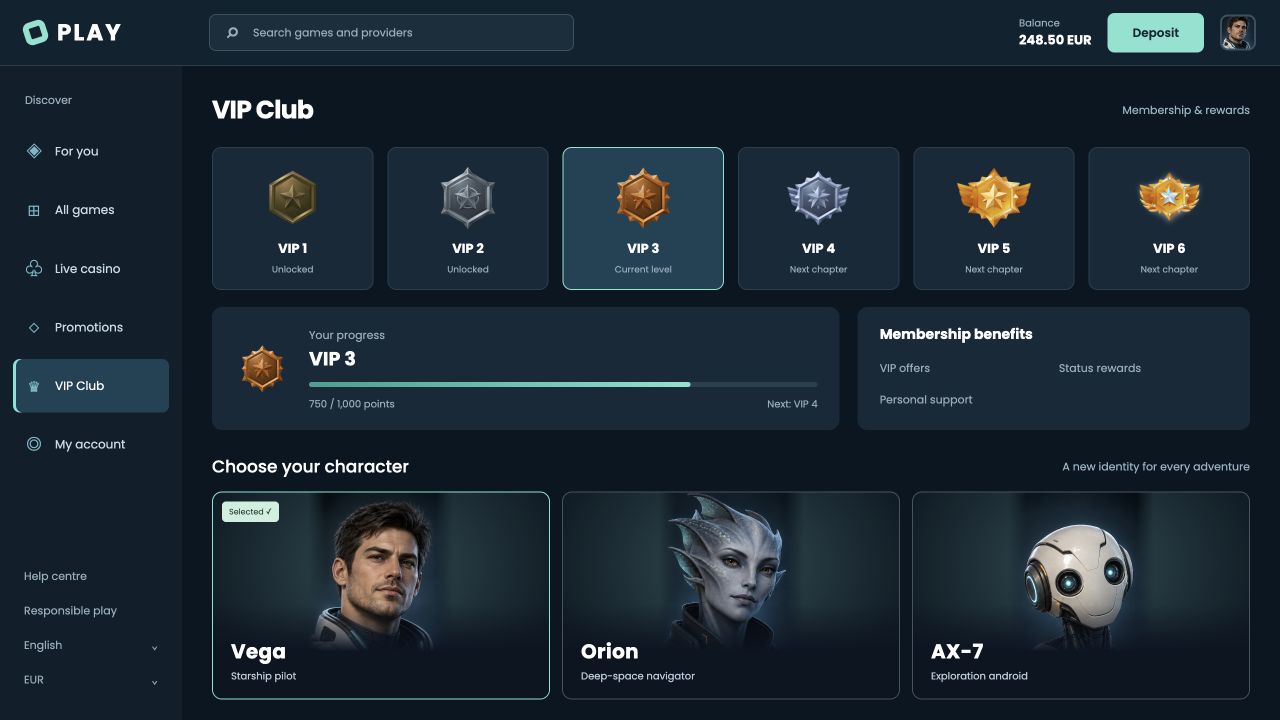 Player-facing preview: VIP levels and character avatars